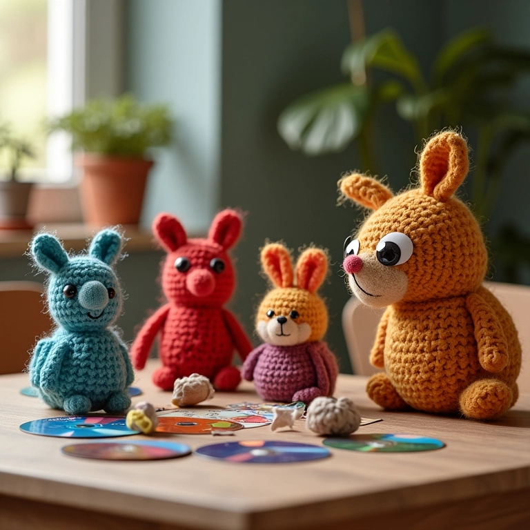 Amigurumis coloridos feitos com tema de reciclagem de CDs.