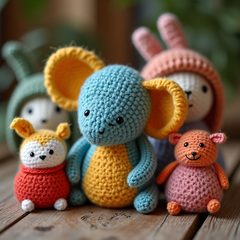 Amigurumis coloridos feitos de materiais reciclados.