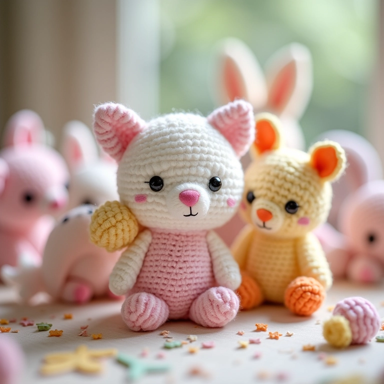 Amigurumis coloridos para lembrancinha de 1 ano.