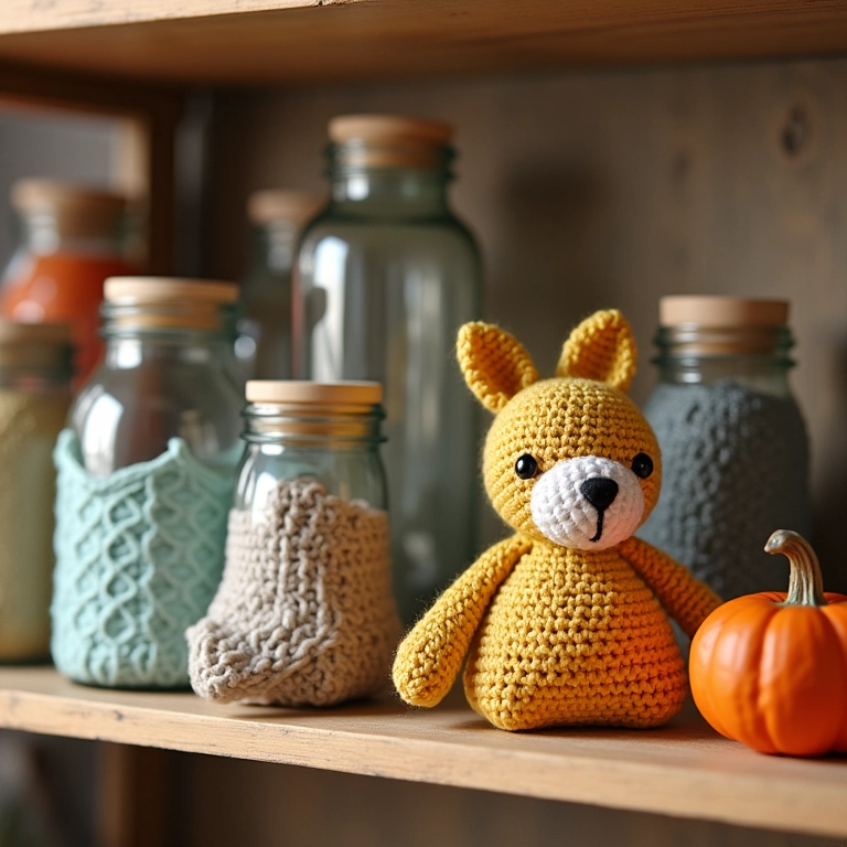 Amigurumis como organizadores de potes de vidro reciclados.