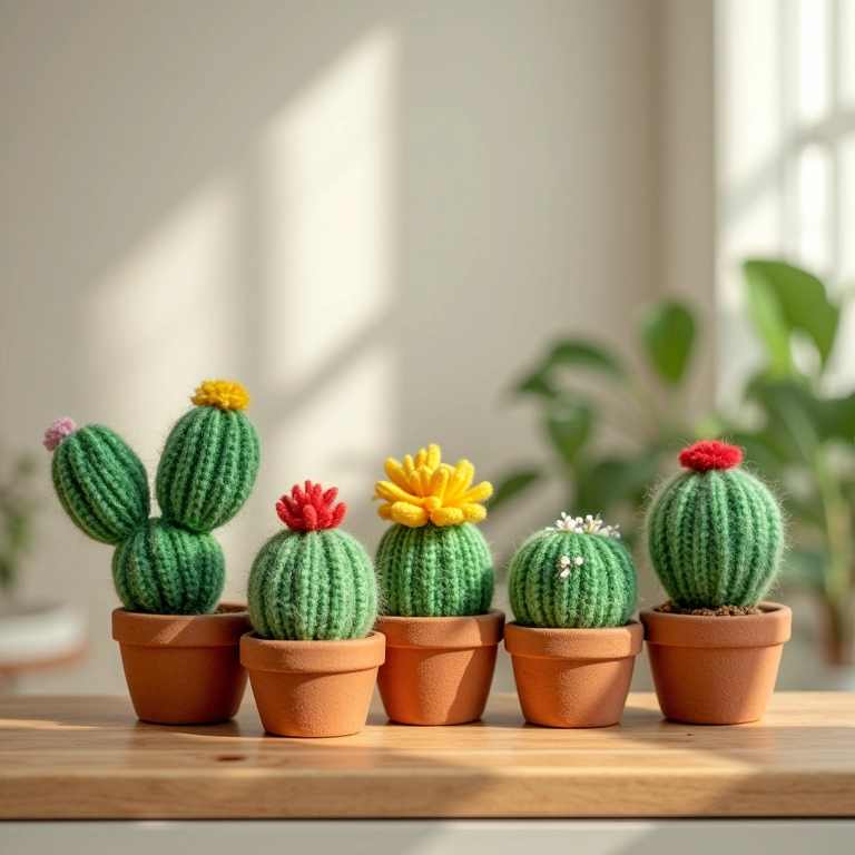 Amigurumis de cactos e suculentas decorando prateleira de madeira em quarto aconchegante.
