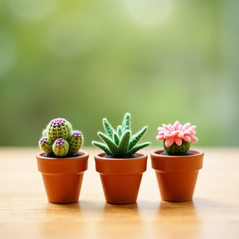 Amigurumis de cactos e suculentas em vasos, lembrancinha ecológica de casamento.
