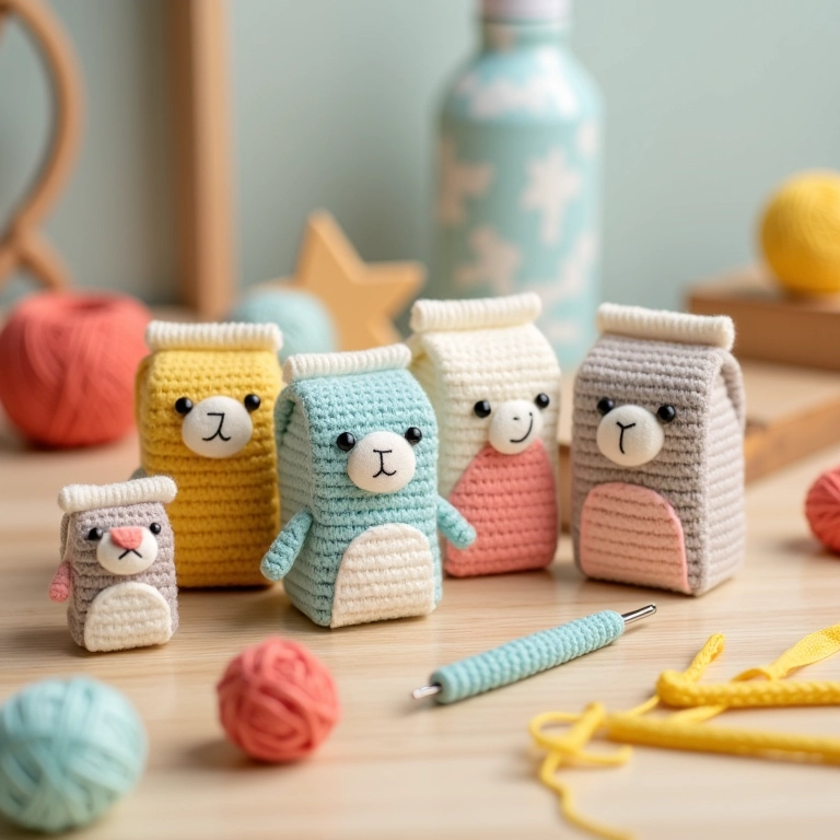 Amigurumis de caixinhas de leite coloridas em mesa de crochê.