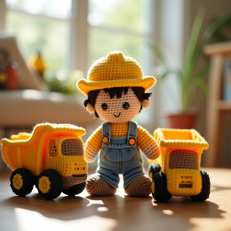 Amigurumis de caminhões e ferramentas para chá de bebê Construção.