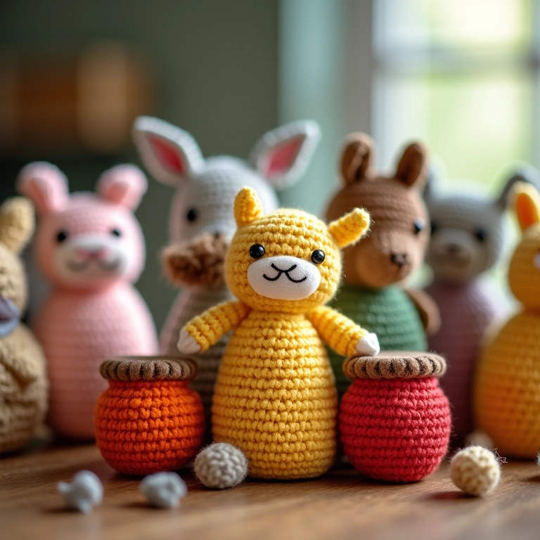 Amigurumis de crochê ao redor de potes de papinha reaproveitados.