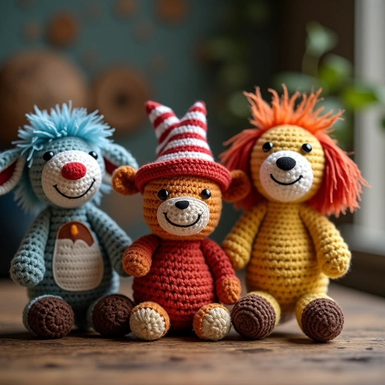 Amigurumis de crochê com tema de circo coloridos.