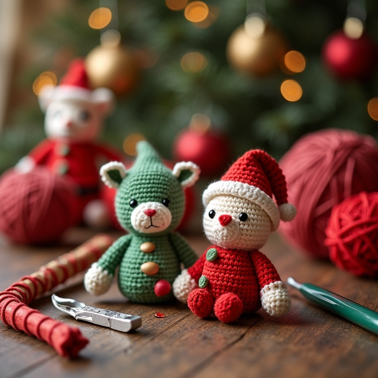 Amigurumis de crochê com tema natalino em uma mesa de madeira.