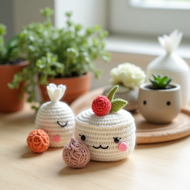 Amigurumis de crochê como lembrancinhas de casamento: bolo, suculentas e sachês.