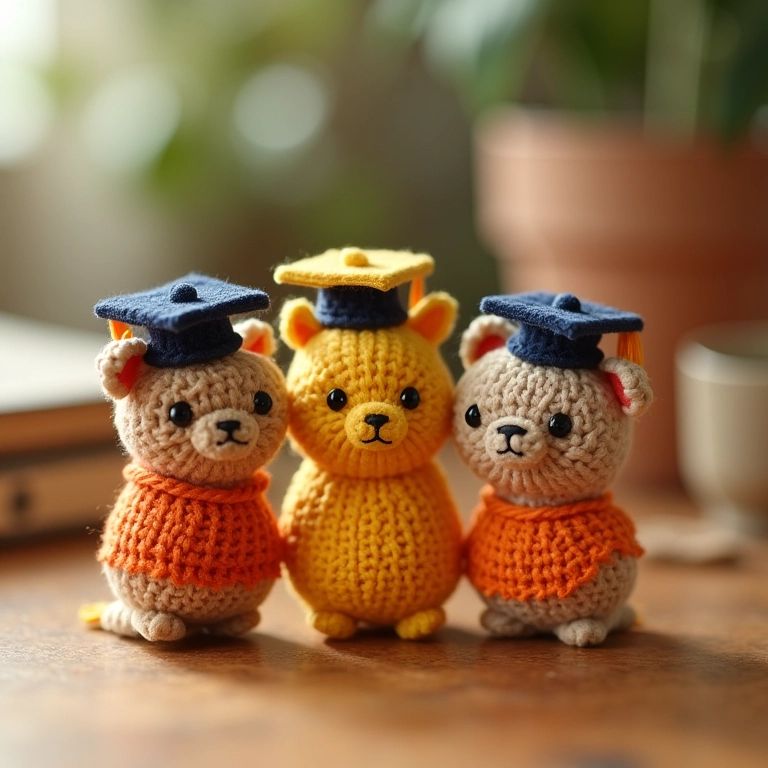 Amigurumis de crochê em formato de mini garrafas, lembrancinhas de formatura.