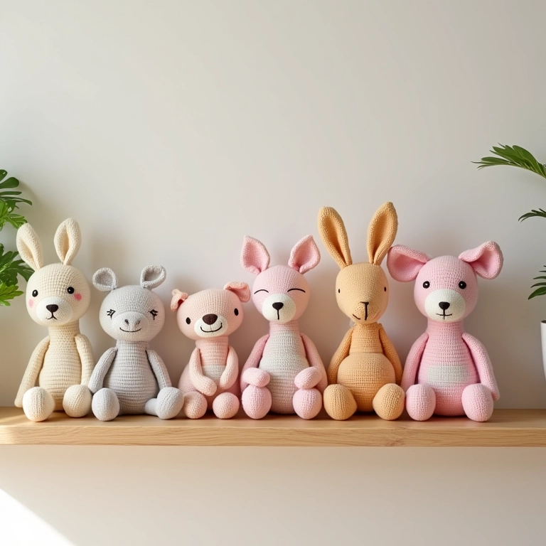 Amigurumis de crochê em tons pastel decorando uma estante de madeira clara.