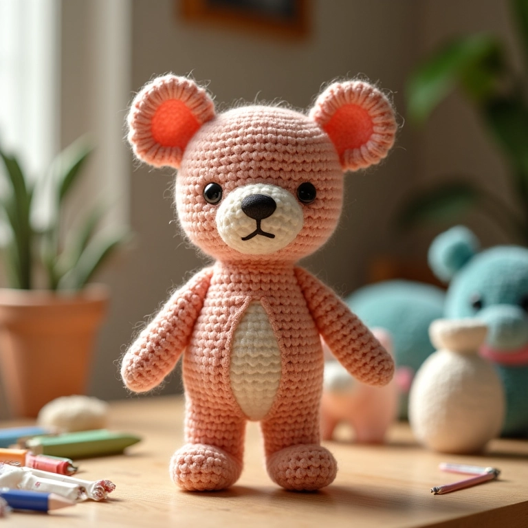 Amigurumis de crochê para lembrancinha de nascimento, detalhes e texturas em close-up.