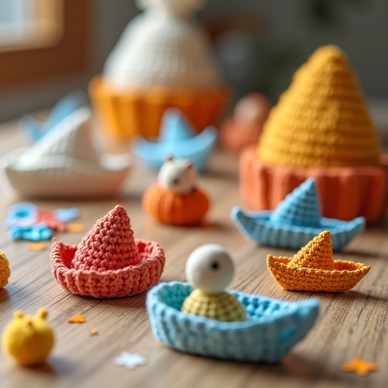 Amigurumis de crochê representando brinquedos de papel clássicos, como aviões e barcos.