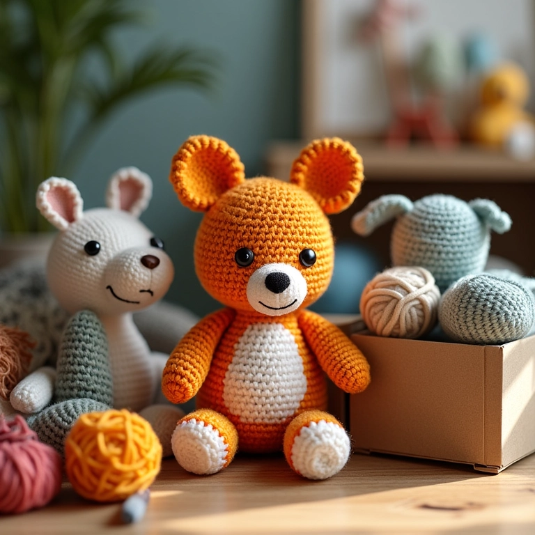 Amigurumis de crochê representando brinquedos feitos com caixas de sapato recicladas.