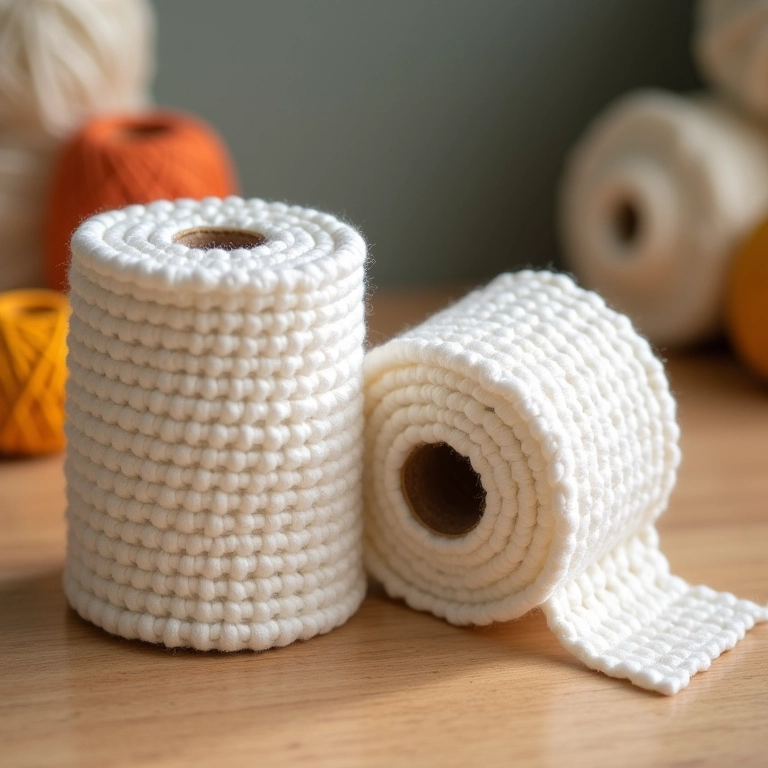 Amigurumis de crochê representando rolos de papel higiênico e toalha.