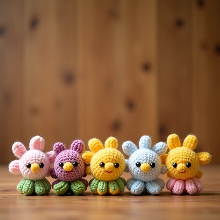 Amigurumis de flores de 6 pétalas criados rapidamente.