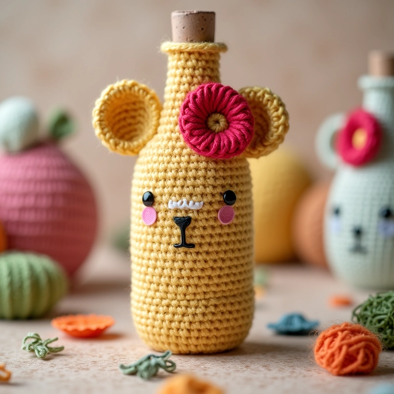 Amigurumis de flores decorando garrafas, perfeitos para centro de mesa de aniversário.