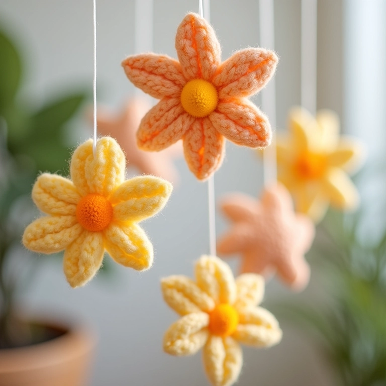 Amigurumis de flores decorando um móbile de bebê.