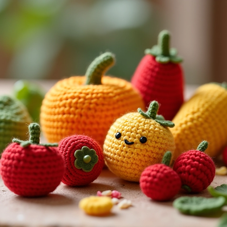 Amigurumis de frutas e vegetais para lembrancinhas comestíveis criativas.