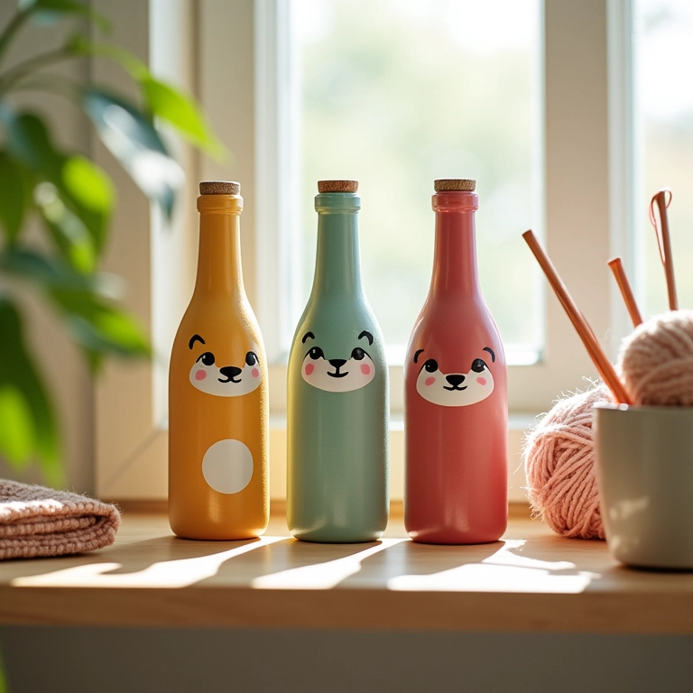 Amigurumis de garrafas com decoupage como objetos de decoração.