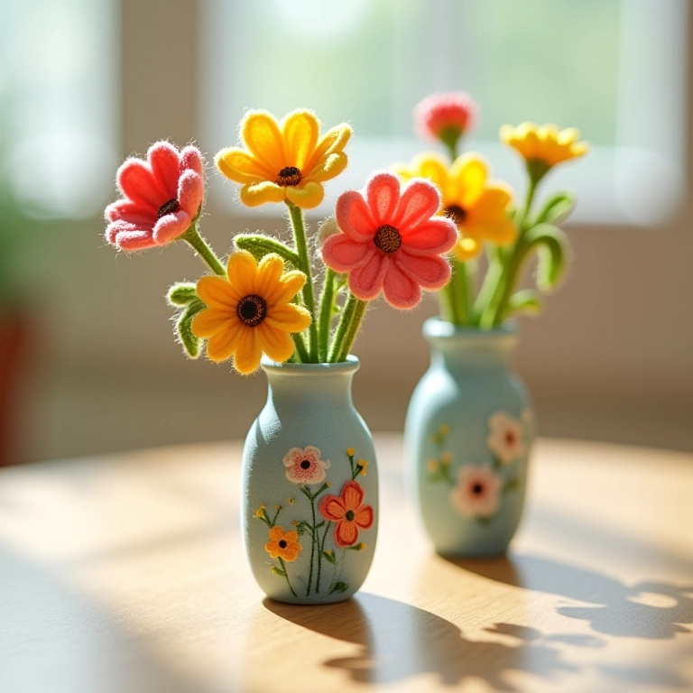 Amigurumis de garrafas com decoupage como vasos de flores em miniatura.