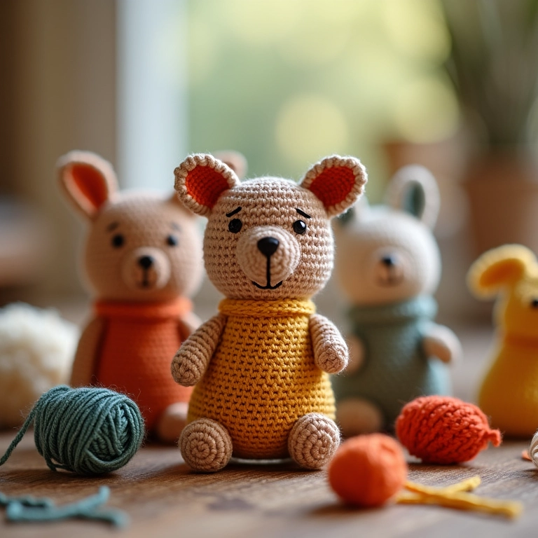 Amigurumis de garrafas de crochê em mesa de artesanato.