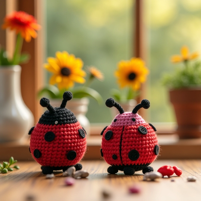 Amigurumis de joaninha e mini vasos com sementes, lembrancinha ecológica.