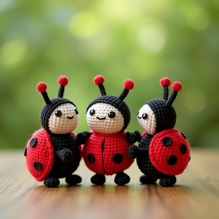 Amigurumis de joaninha em crochê, simbolizando sorte e alegria.