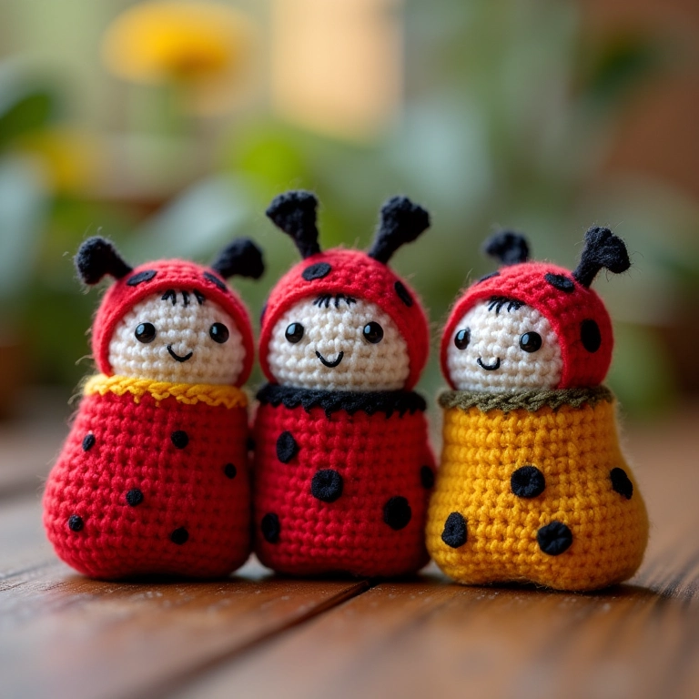 Amigurumis de joaninha saindo de sacolinhas surpresa temáticas.