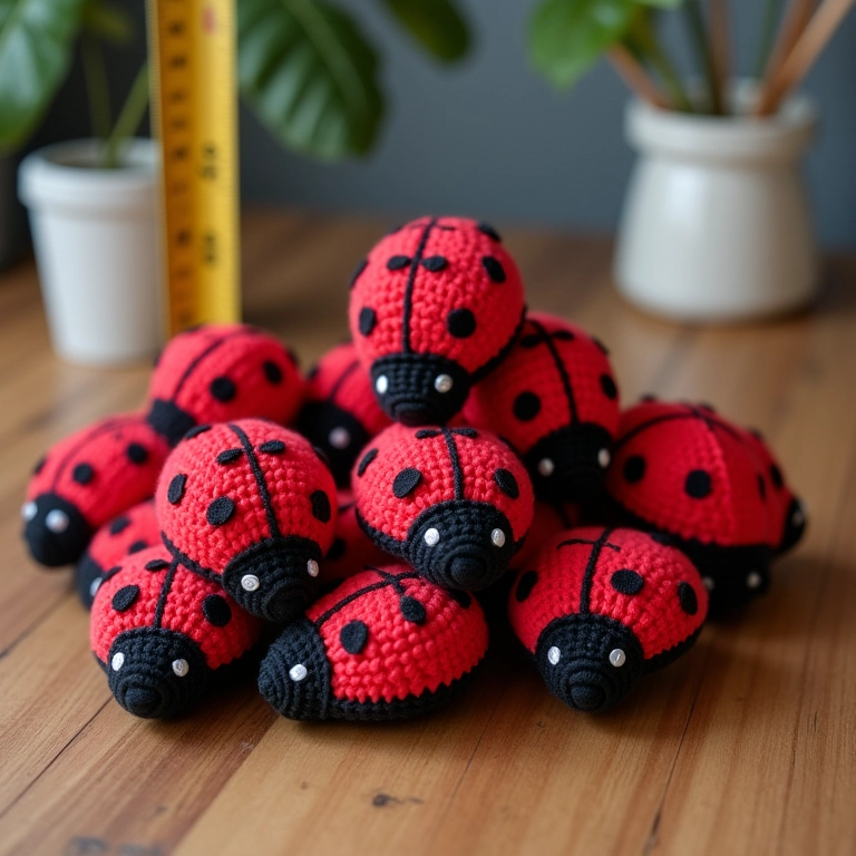 Amigurumis de joaninha sendo pesados, calculando a quantidade ideal.