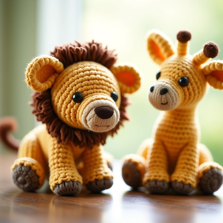 Amigurumis de leão, elefante e girafa para chá de bebê tema Safari.