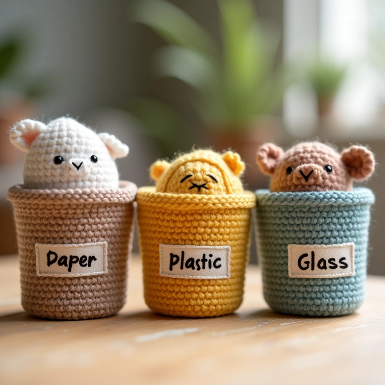 Amigurumis de lixeiras coloridas para reciclagem.