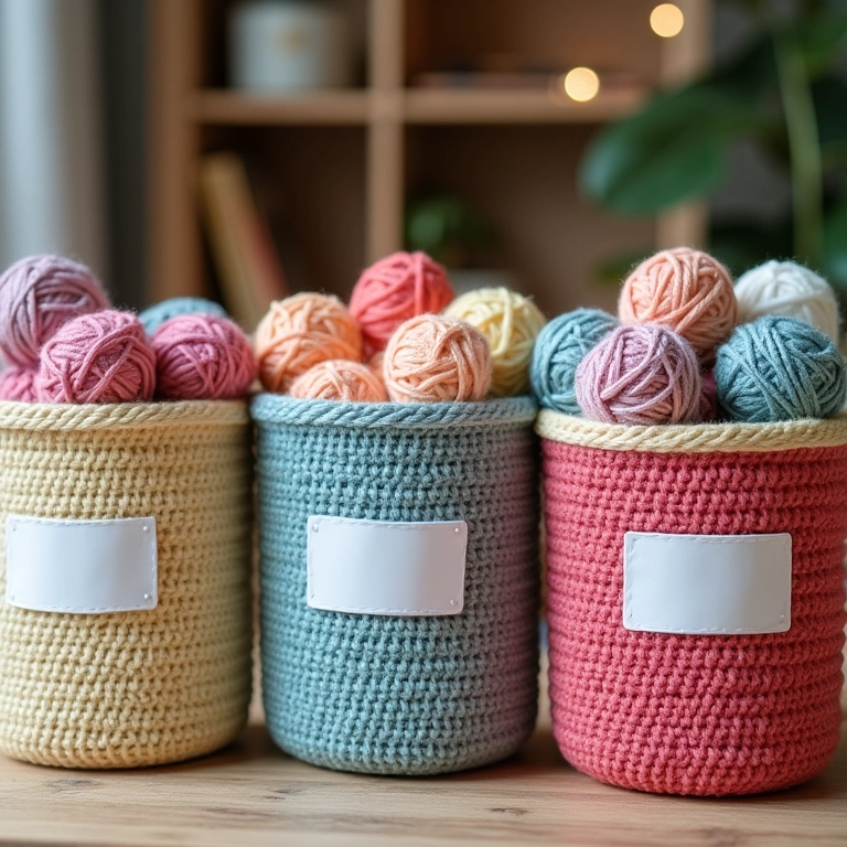 Amigurumis de lixeiras identificadas para separação de lixo.