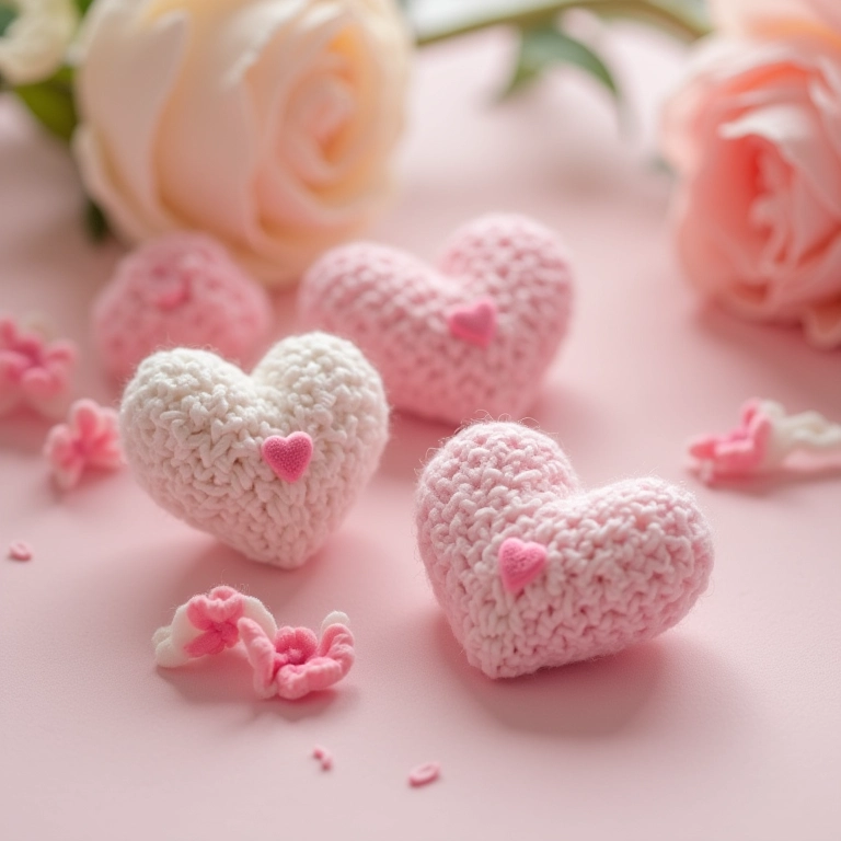 Amigurumis de mini corações em tons pastel, ideais como lembrancinhas de casamento.