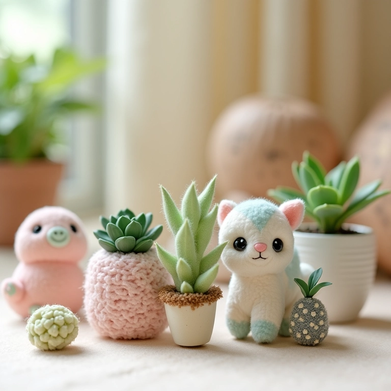 Amigurumis de mini suculentas em tons pastel, ideais como lembrancinhas de casamento.
