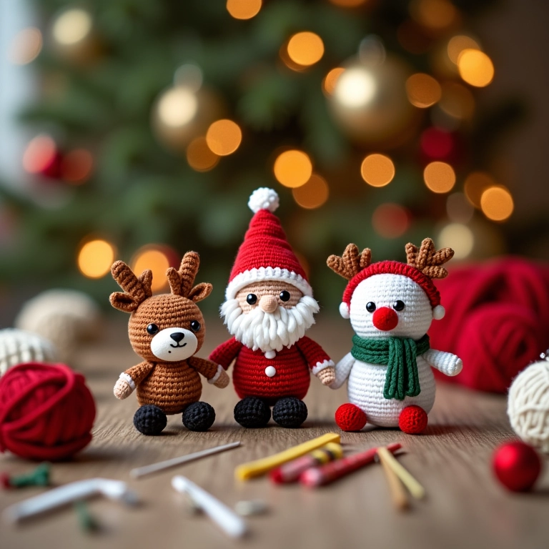 Amigurumis de Natal em crochê: Papai Noel, rena e boneco de neve.