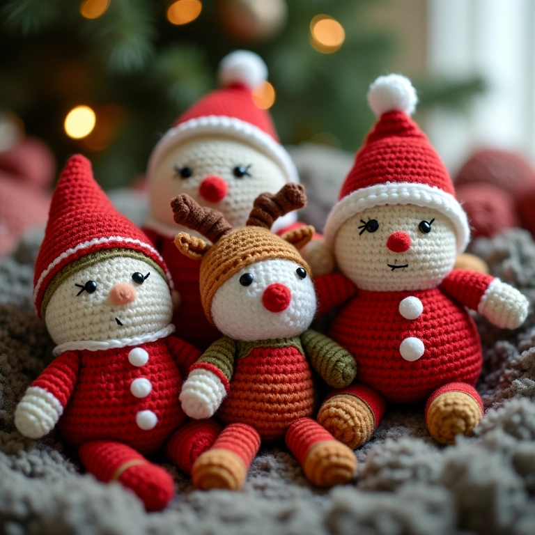 Amigurumis de Natal variados empilhados.