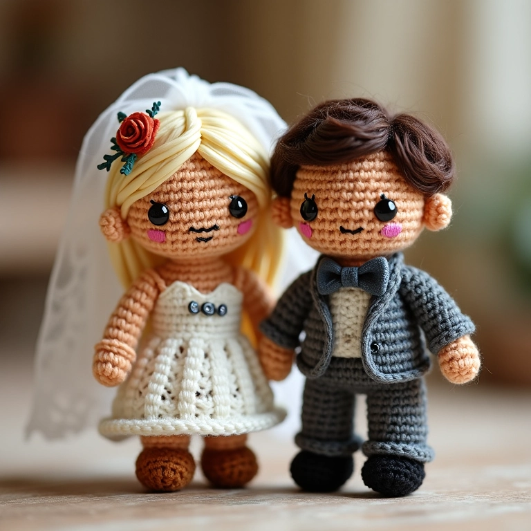 Amigurumis de noivos com iniciais bordadas, lembrancinha personalizada de casamento.