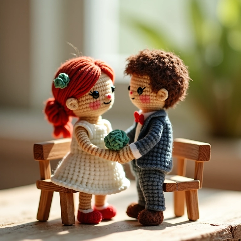 Amigurumis de noivos em cenário de casamento rústico.