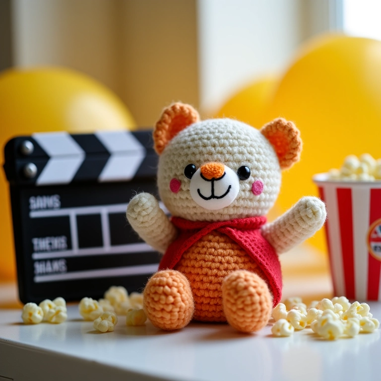 Amigurumis de pipoca e claquete para chá de bebê Cinema.