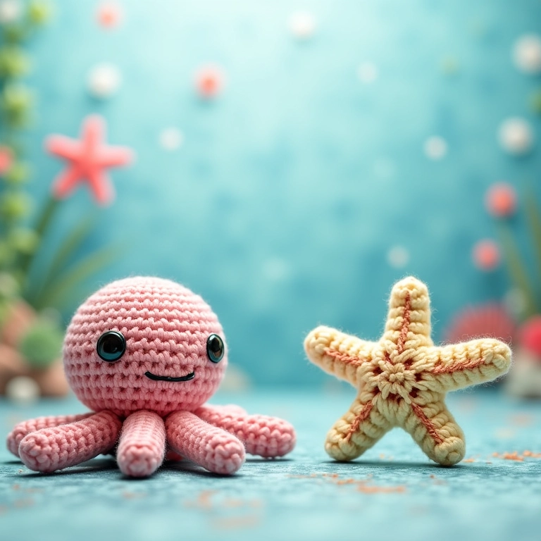 Amigurumis de polvo e estrela do mar para chá de bebê Fundo do Mar.