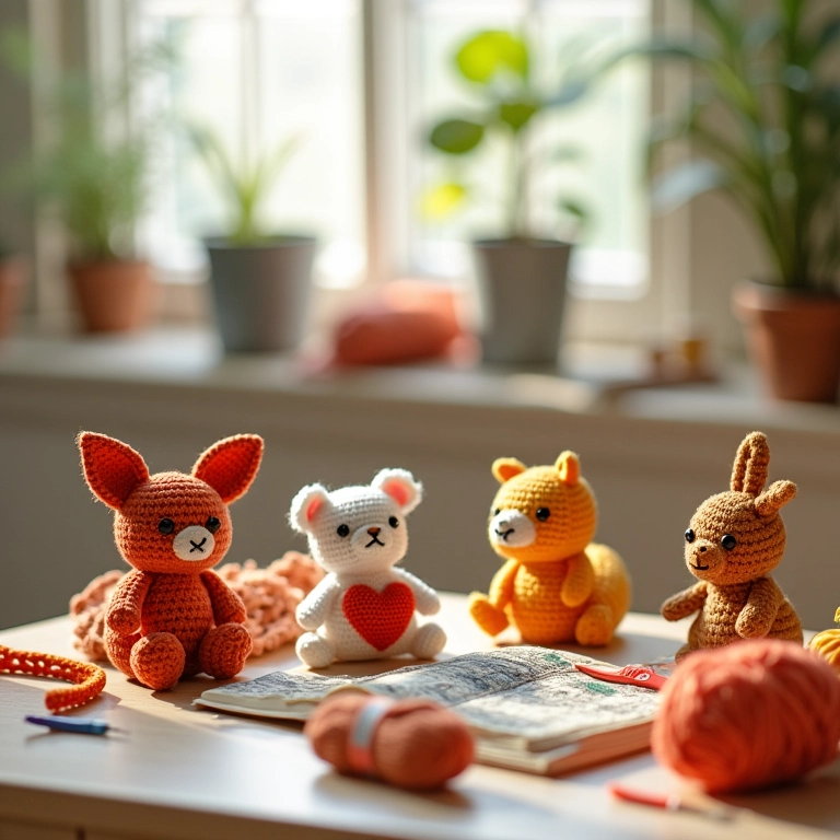 Amigurumis de porta-retratos de EVA em crochê em uma mesa de artesanato aconchegante.