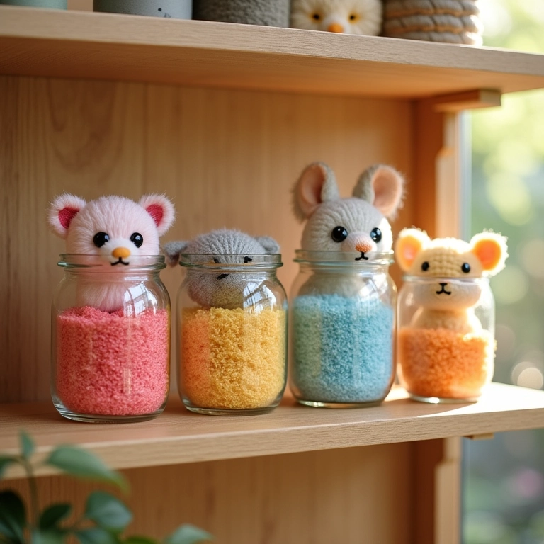 Amigurumis de potes de vidro em prateleira de madeira.