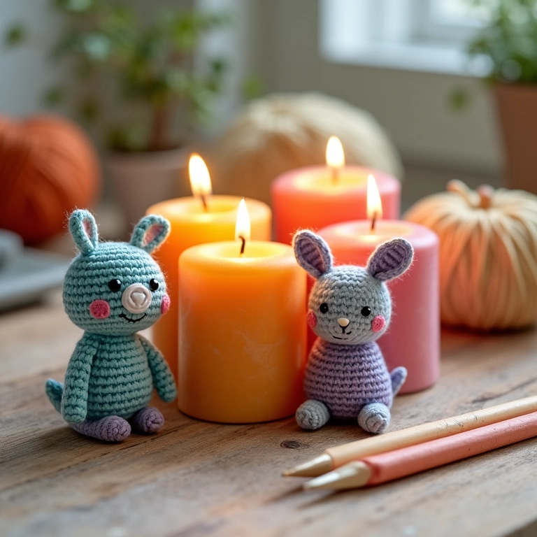 Amigurumis de velas prontos com agulhas e lã.