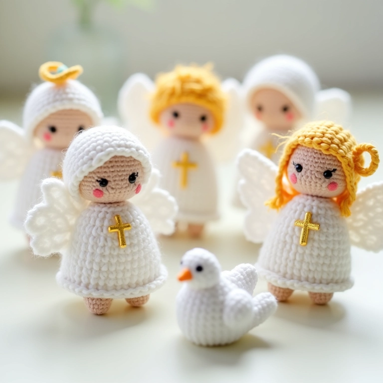 Amigurumis delicados para lembrancinha de batizado: anjinhos, terços e pombas.