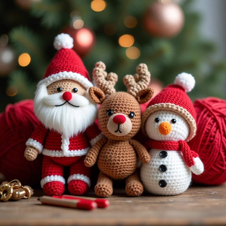 Amigurumis natalinos de crochê em cenário aconchegante.