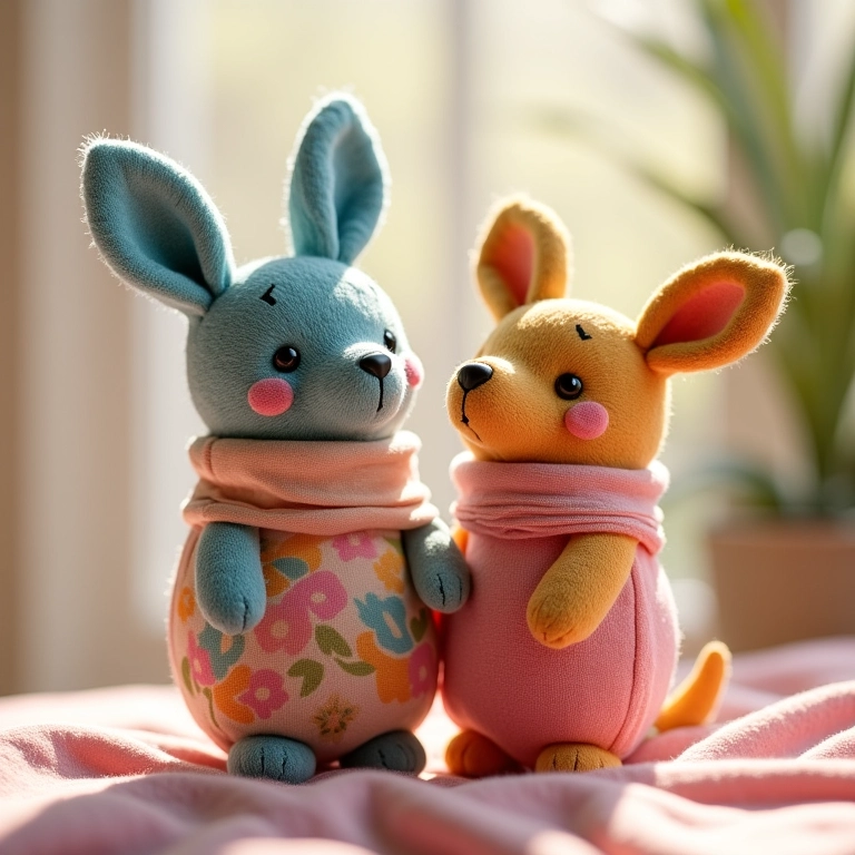 Amigurumis representando 'bem-casados' embalados em tecido delicado.