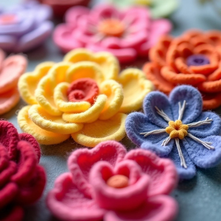Amostras de feltro para flores de crochê.