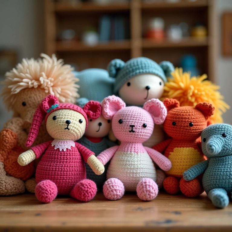 Amostras de tecidos de crochê para boneca de pano.