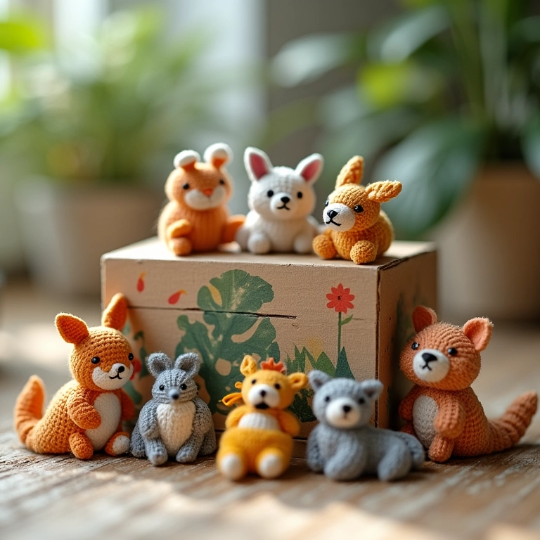 Animais de crochê em volta de caixa MDF pintada.