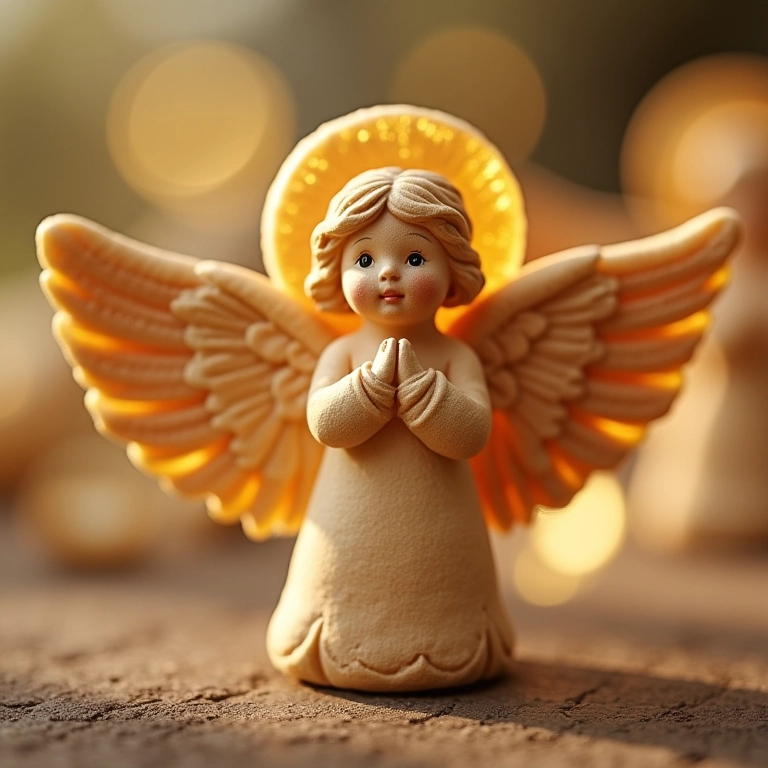 Anjinhos de biscuit feitos à mão com detalhes dourados e atmosfera espiritual.